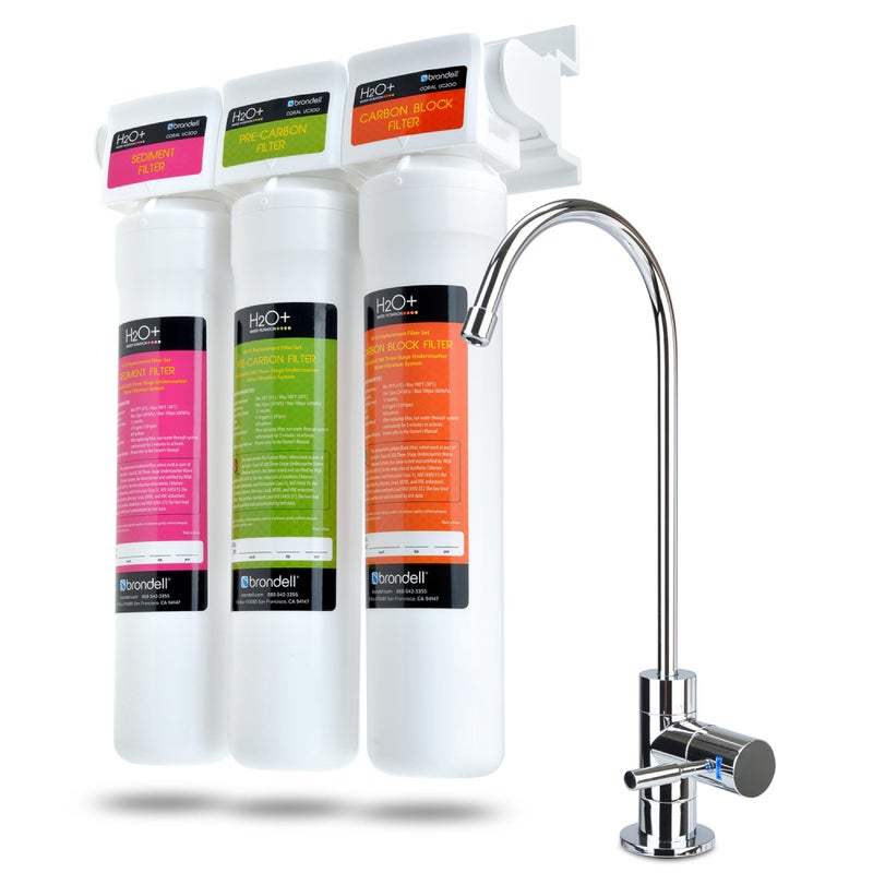 Brondell Coral UC300 Under Sink Water Filtration System â€“ Reduces PFAS, Lead, & Chlorine in Drinking Water, Water Purifier with Designer Chrome Faucet â€“ Quick Change Filter, WQA Gold Seal-Certified - Image 1